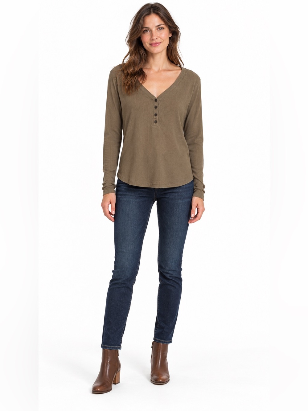 Madewell Olive V-Neck Henley Long-Sleeve Top